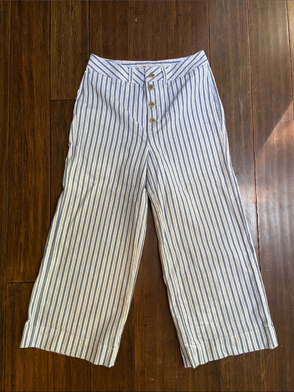 Madewell Blue and White Striped Wide-Leg Crop Pants